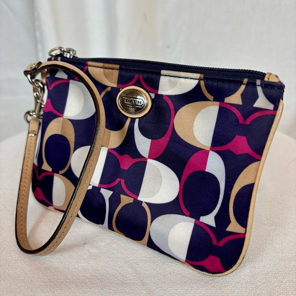 Coach Payton Small Wristlet 4”x 6” Navy, Cream, and Bright Pink with Pink inside - Picture 1 of 9
